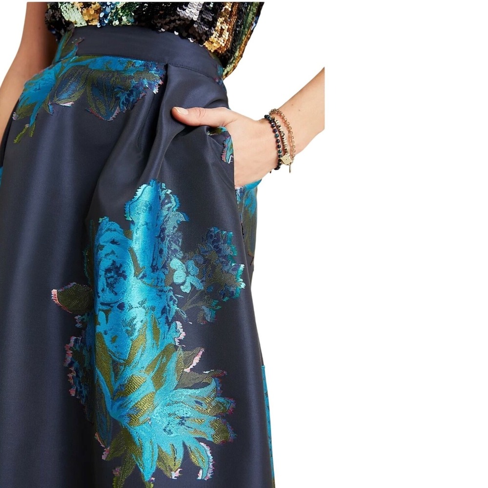 Anthropologie Floral Brocade Midi Skirt Womens Navy Blue Turquoise A-Line Party - Picture 2 of 16